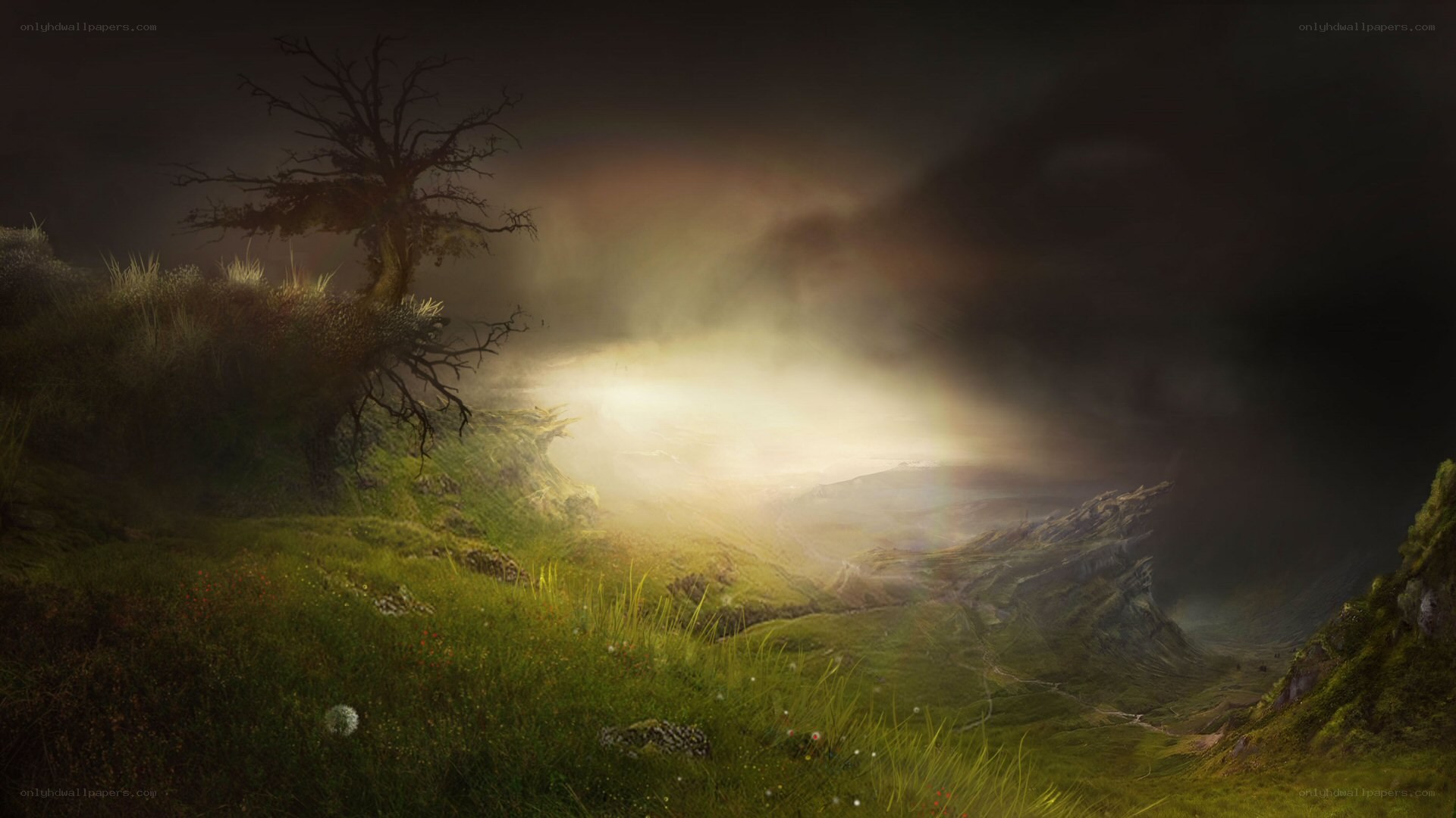 Sunlight through stormy valley