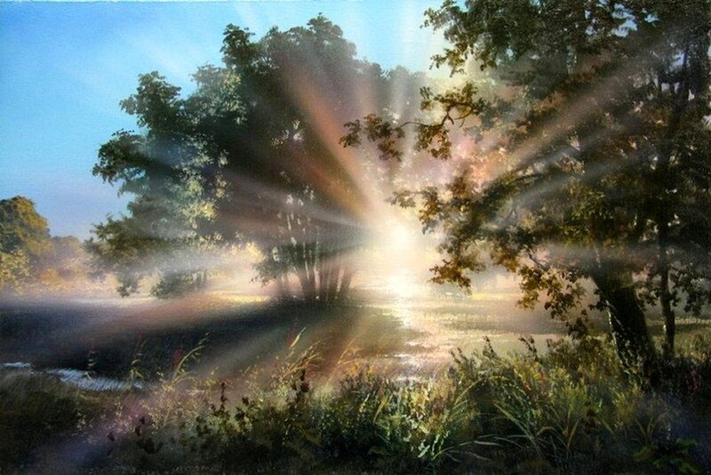 Sunlight Through Trees — Blue, Serene, Morning