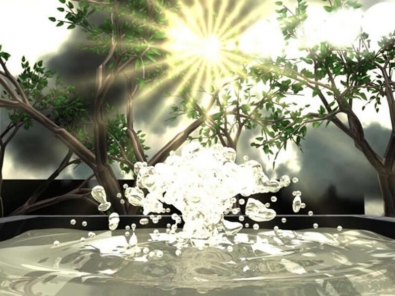 Sunlight through trees with water splash