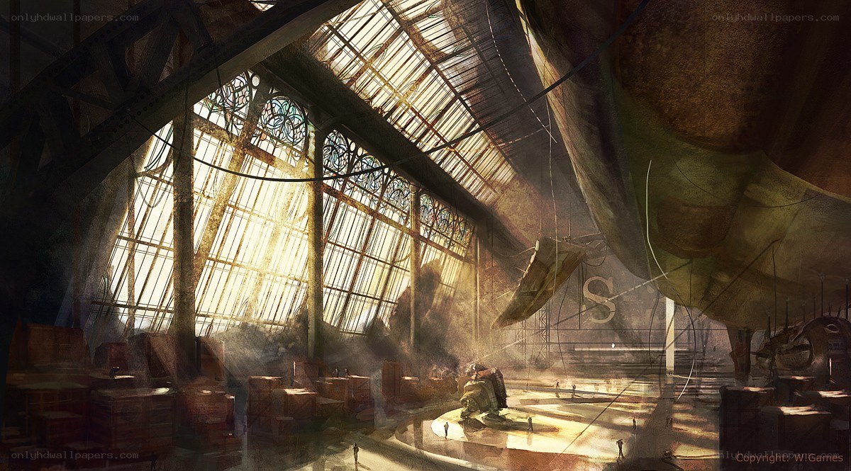 Sunlit airship hangar