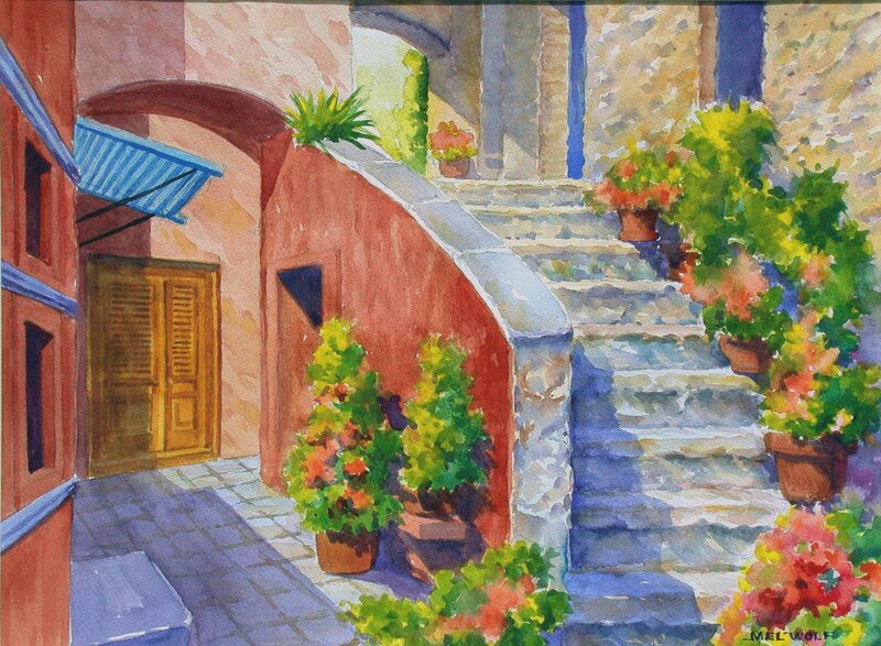 Sunlit alley with potted plants