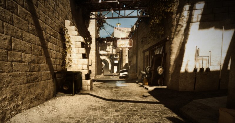 Sunlit alleyway in a stone city