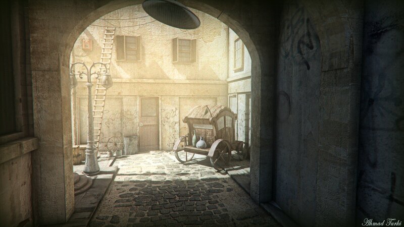 Sunlit alleyway with cart