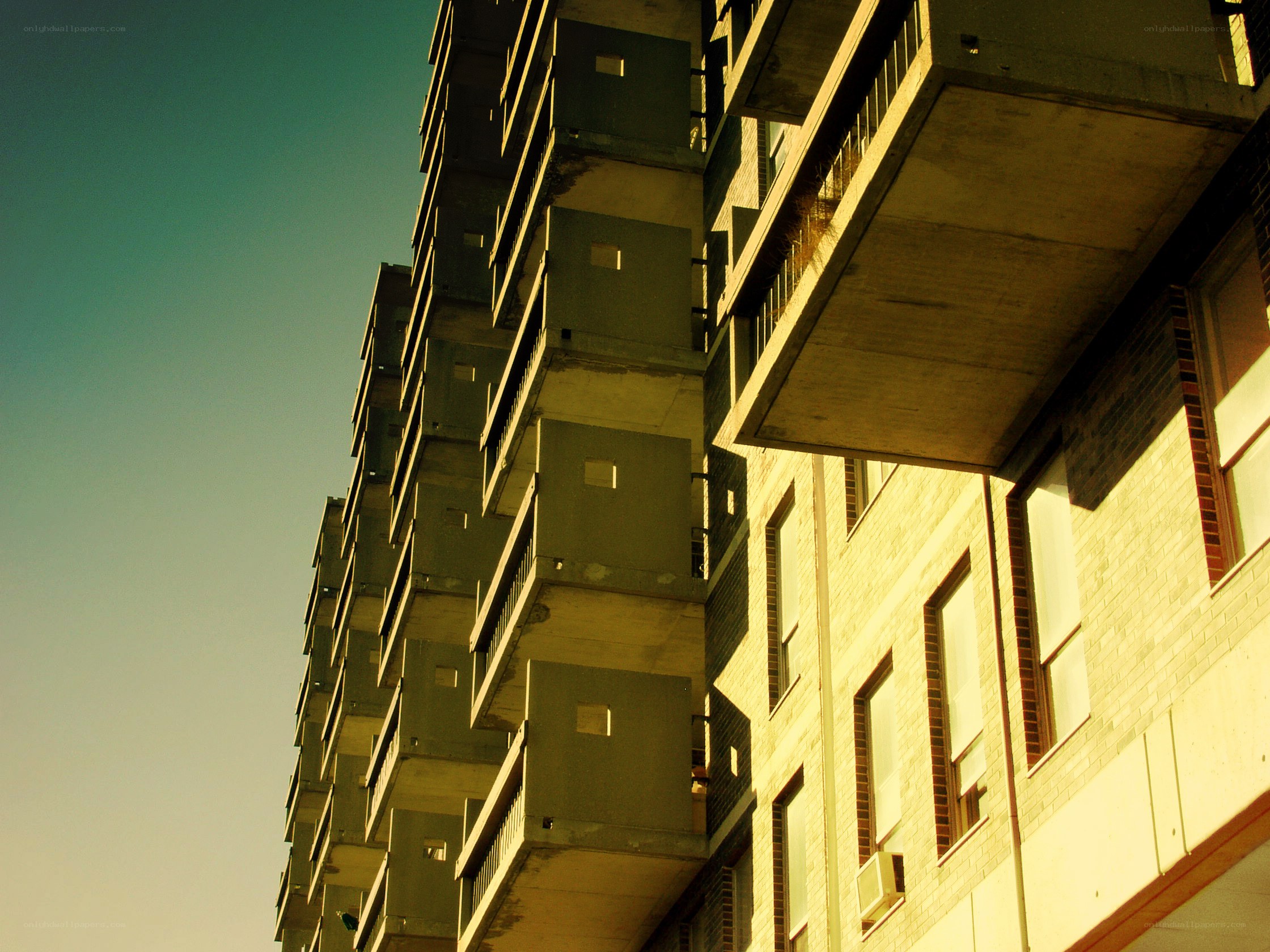 Sunlit apartment building facade