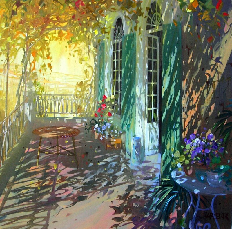 Sunlit balcony with flowers