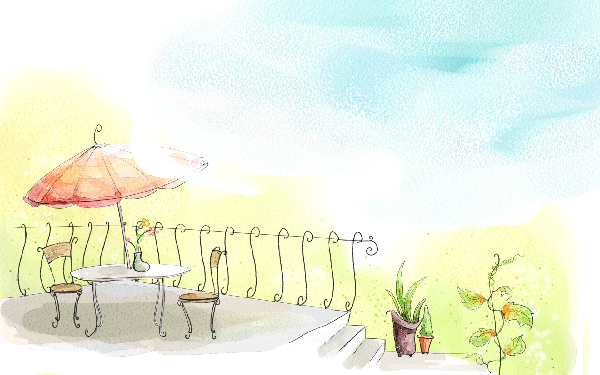 Sunlit balcony with umbrella