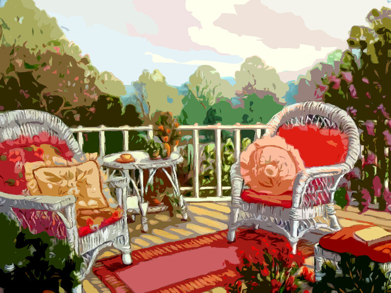 Sunlit balcony with wicker furniture
