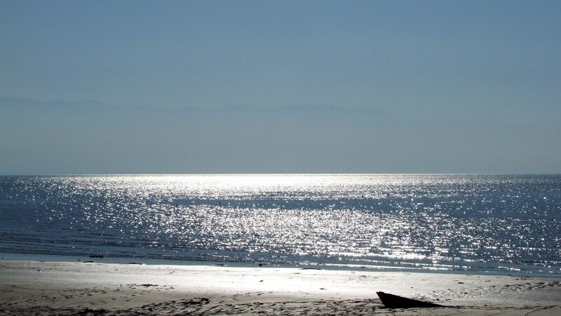 Sunlit beach with sparkling water