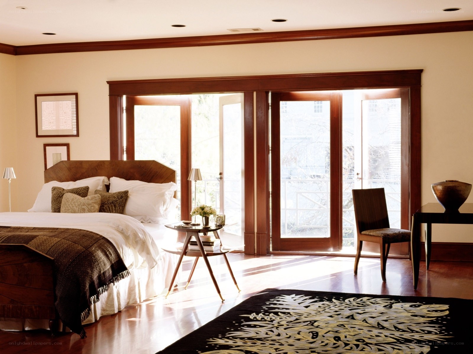 Sunlit bedroom with wooden accents