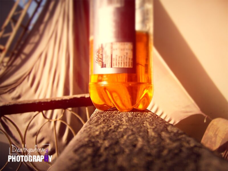 Sunlit bottle on a railing