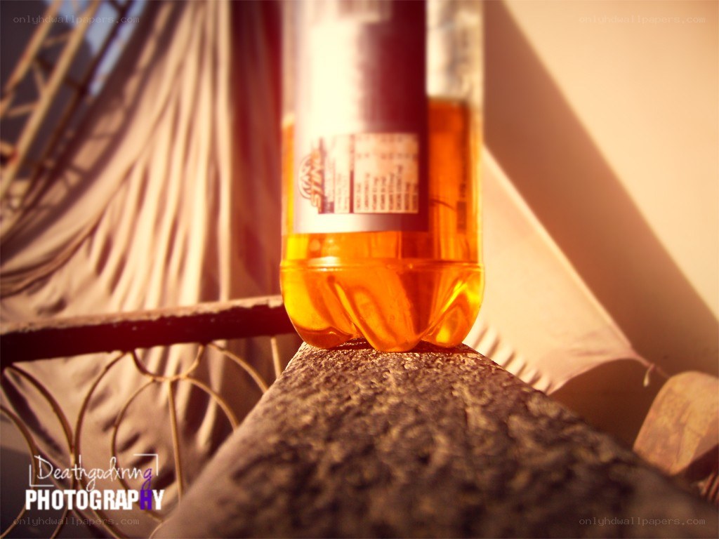 Sunlit bottle on a railing
