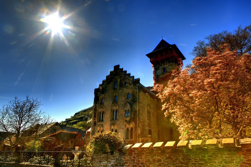 Sunlit castle with autumn trees