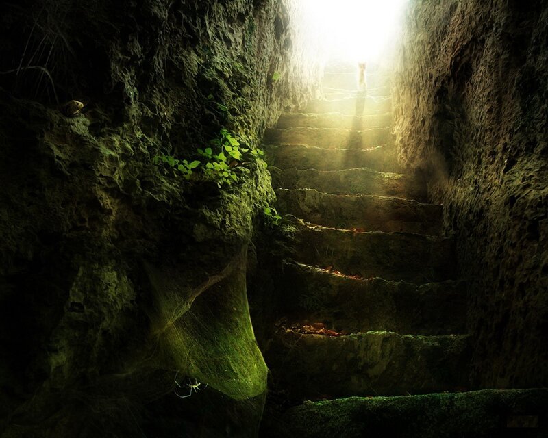 Sunlit cave staircase