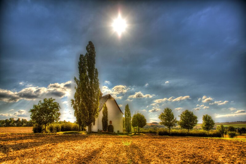 Sunlit church in a golden field