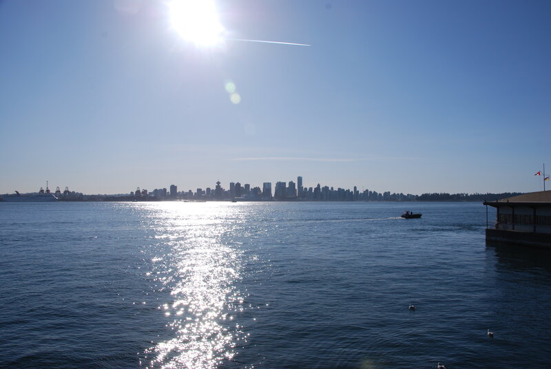 Sunlit city skyline across the water