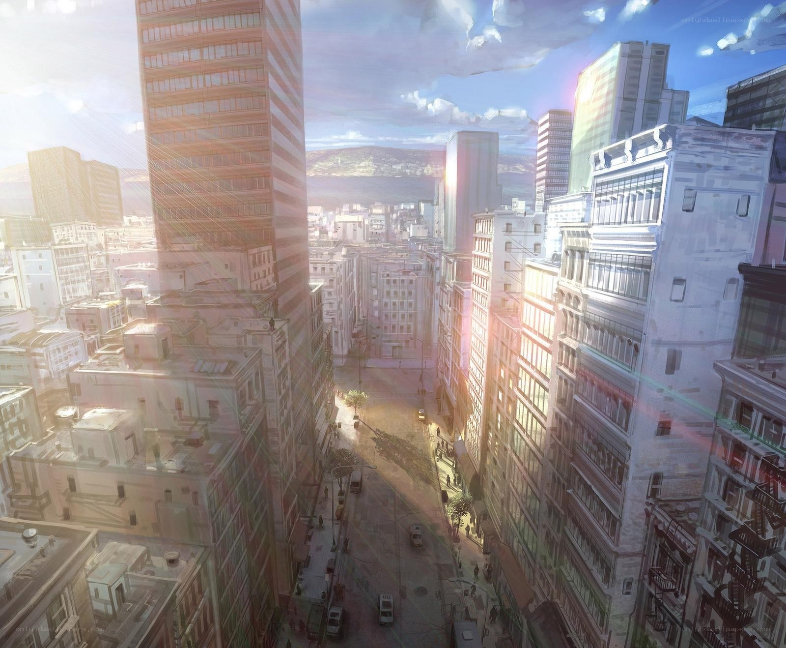 Sunlit city street view