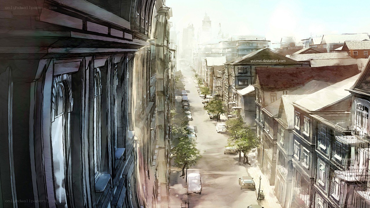 Sunlit city street view