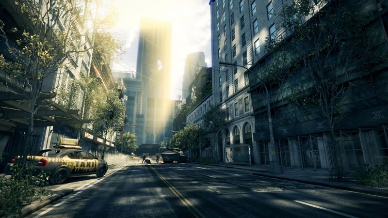 Sunlit city street with taxi