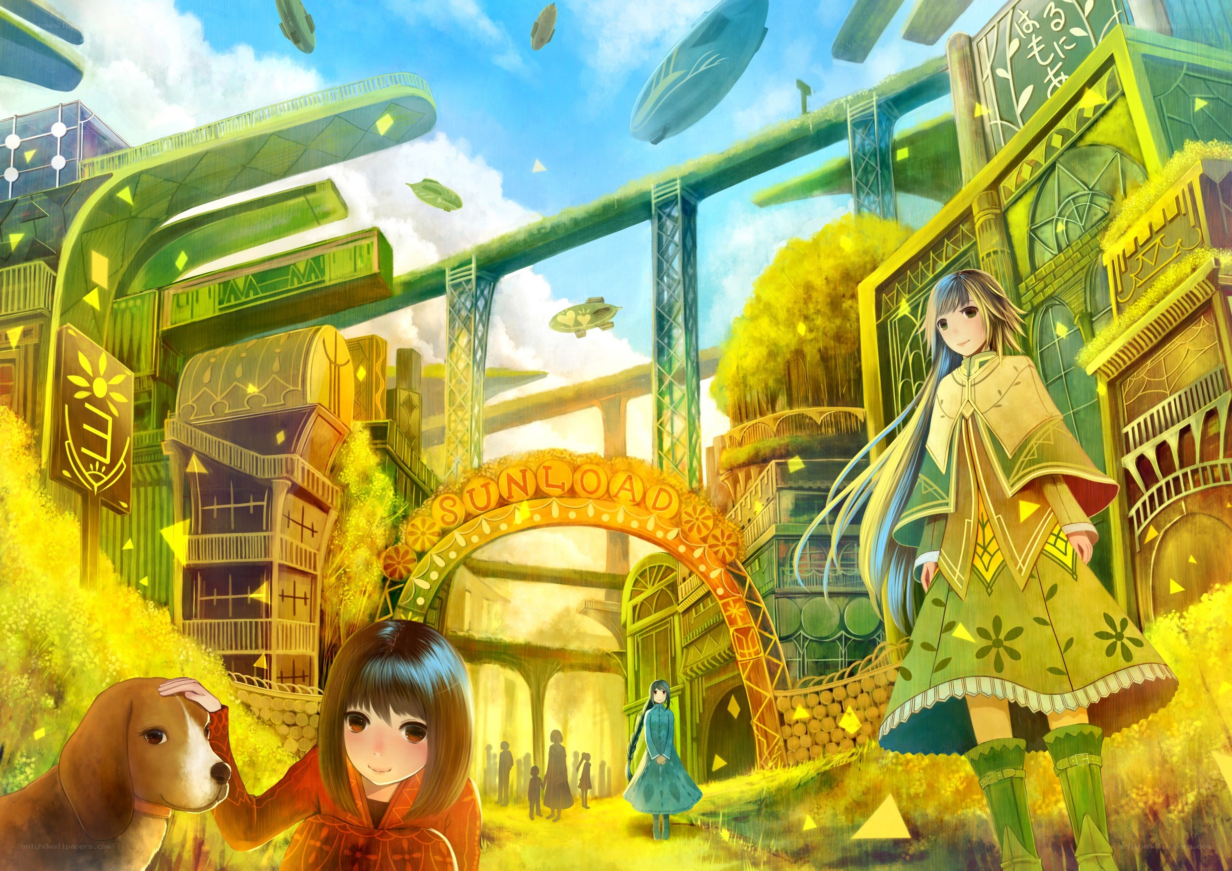Sunlit city with anime characters