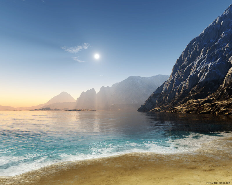 Sunlit coastal mountain landscape