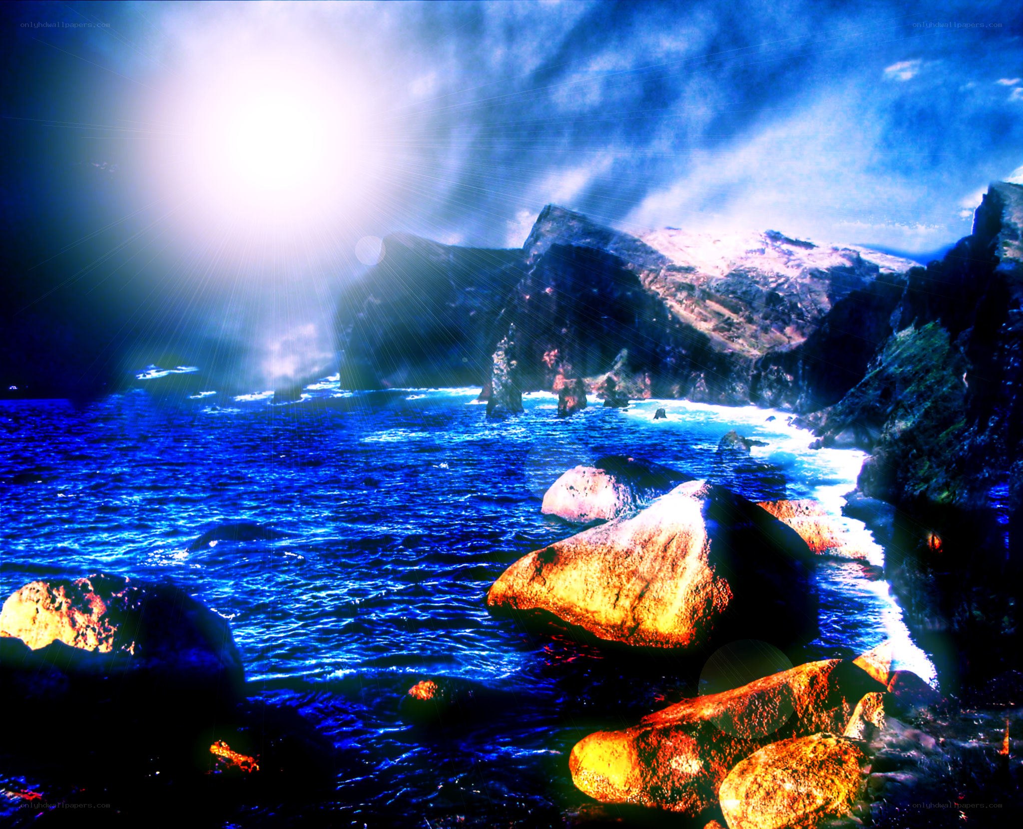 Sunlit coastal rocks at sea