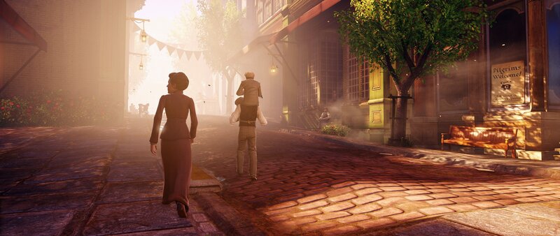 Sunlit cobblestone street scene
