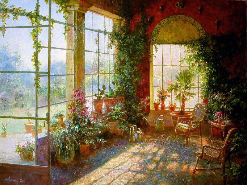 Sunlit conservatory with plants