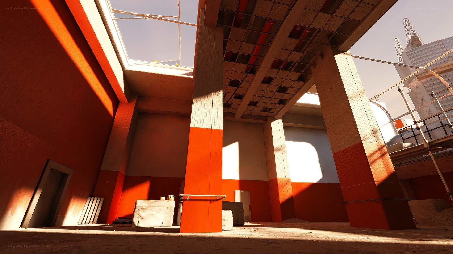 Sunlit construction site interior
