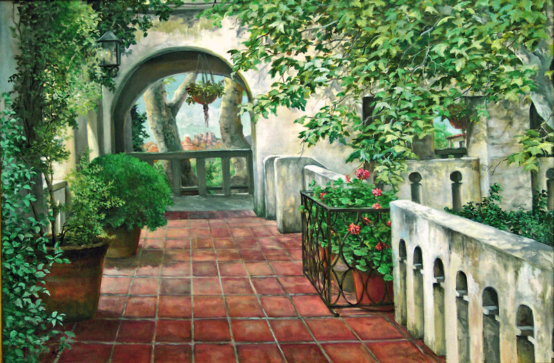 Sunlit courtyard with archway