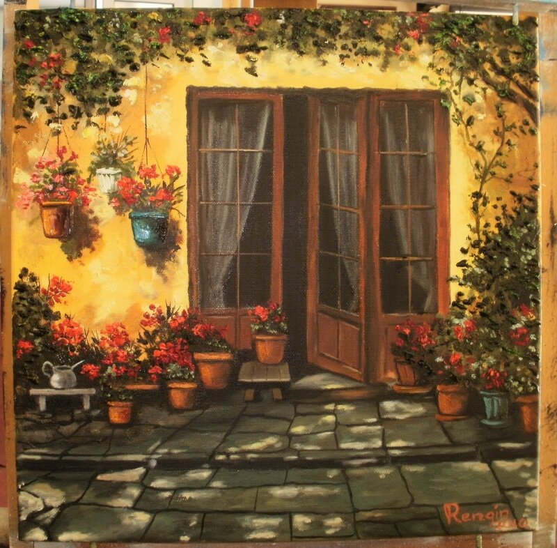 Sunlit courtyard with flowers