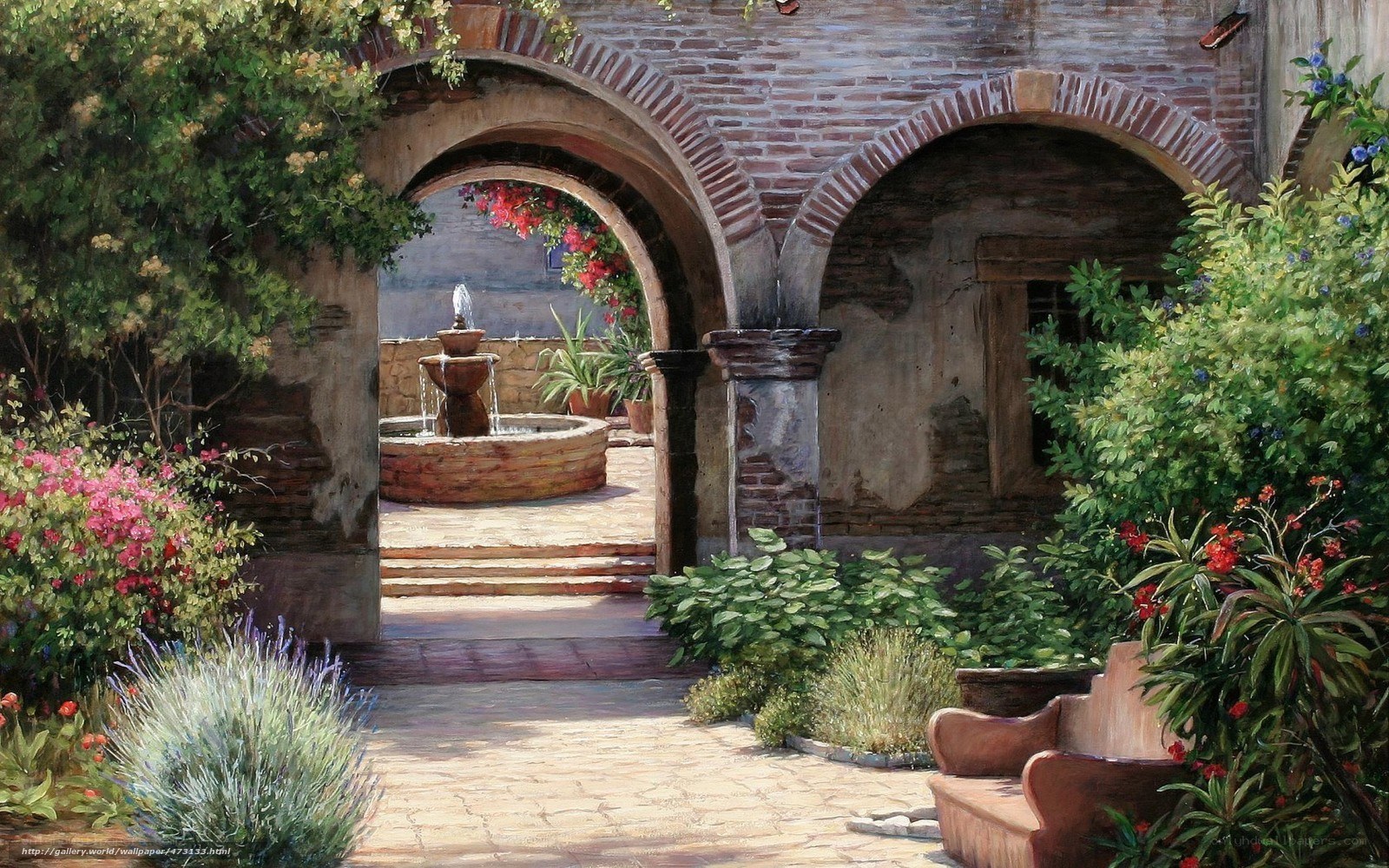 Sunlit courtyard with fountain