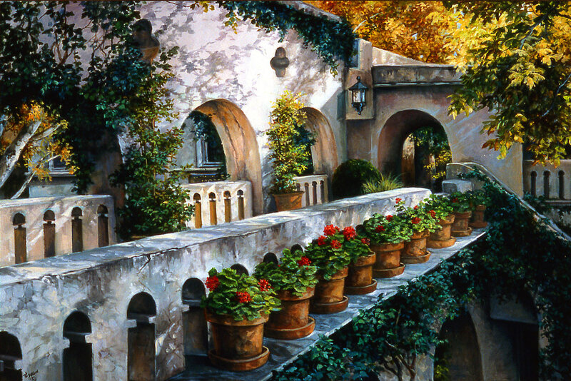 Sunlit courtyard with potted flowers