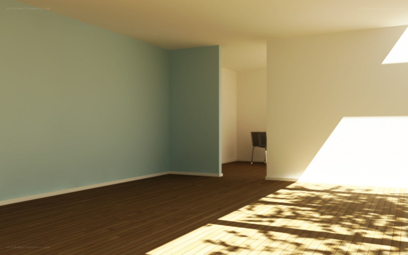 Sunlit empty room with wooden floor