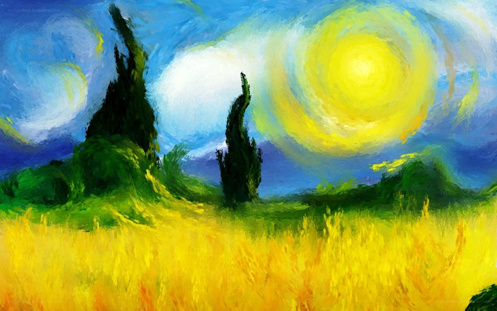 Sunlit field with cypress trees