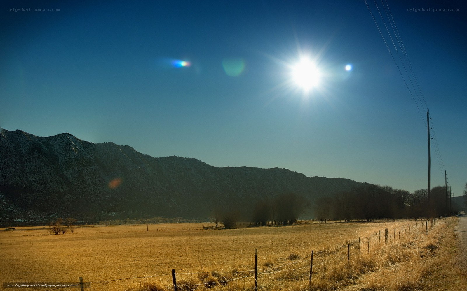 Sunlit field with mountains