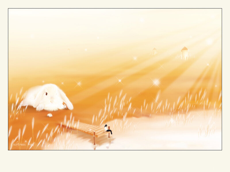 Sunlit field with rabbits