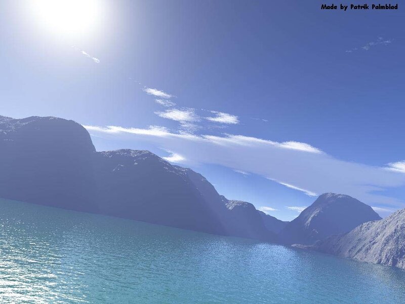 Sunlit fjord with mountains