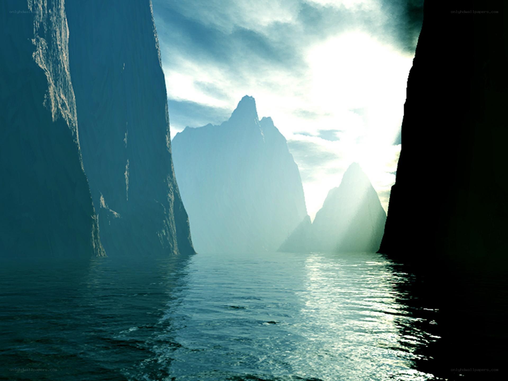 Sunlit fjord with towering cliffs