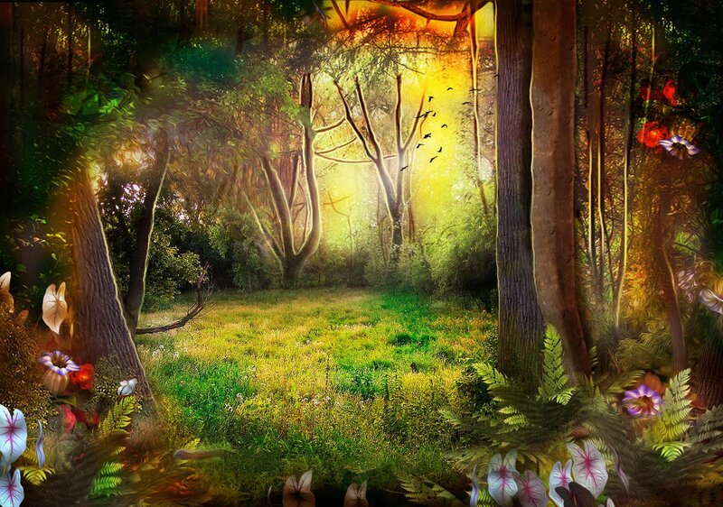 Sunlit Forest Clearing — Green, Serene, Afternoon, Digital Art