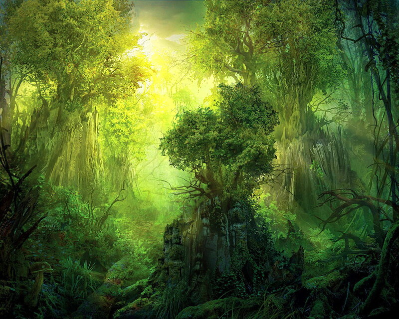 Sunlit Forest Clearing — Green, Serene, Morning, Digital Art