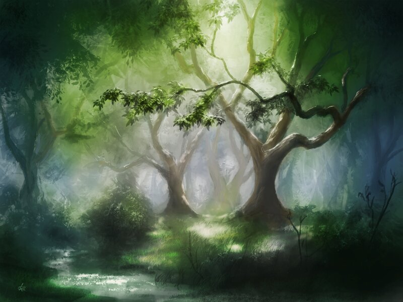 Sunlit Forest Clearing — Green, Serene, Morning, Digital Art, Trees, Fog