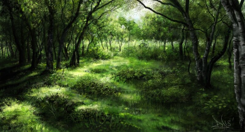 Sunlit Forest Clearing — Green, Serene, Morning, Digital Art, Trees, Grass