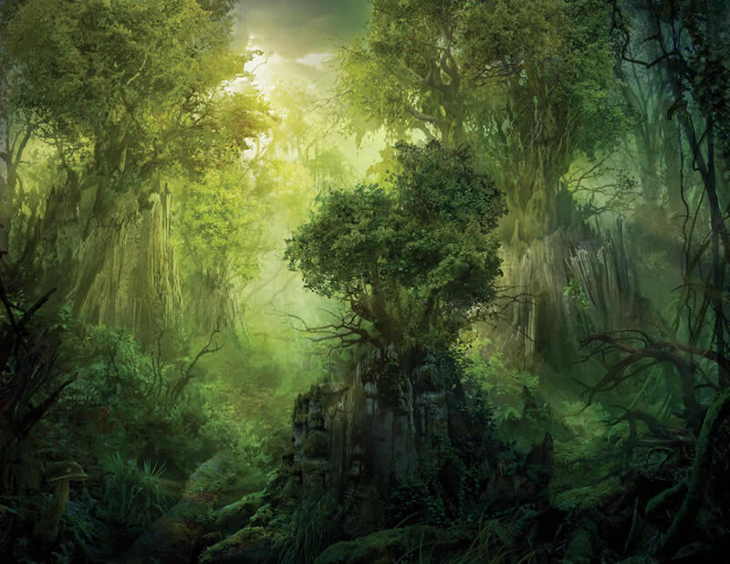 Sunlit Forest Clearing — Green, Serene, Morning, Digital Art, Trees, Moss, Light, Yellow