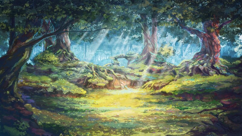 Sunlit Forest Clearing — Green, Serene, Morning, Digital Art, Trees, Roots