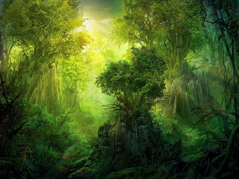Sunlit Forest Clearing — Green, Serene, Morning, Digital Art, Trees