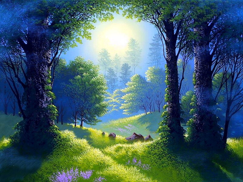 Sunlit Forest Clearing — Green, Serene, Morning, Painting