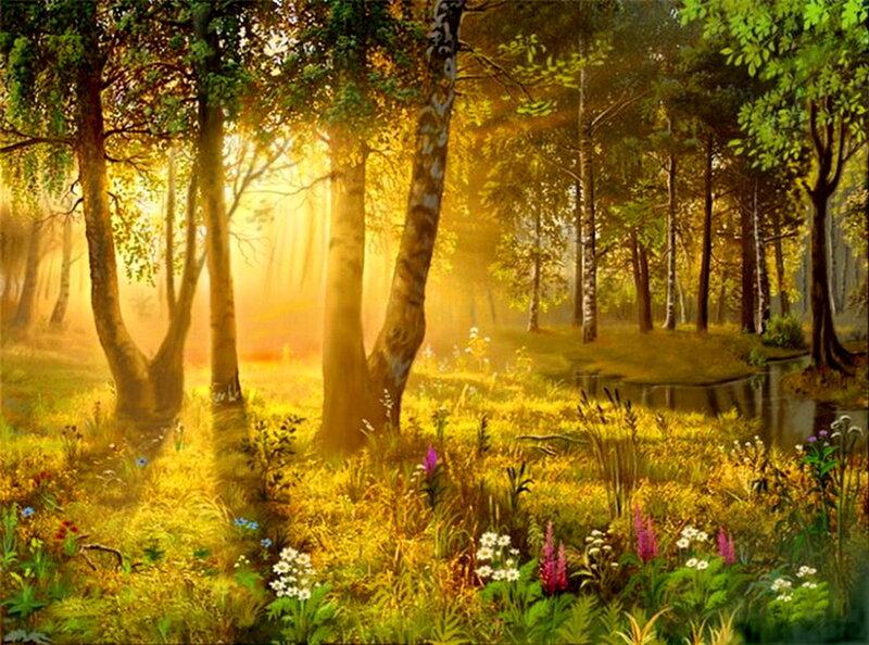 Sunlit Forest Clearing — Yellow