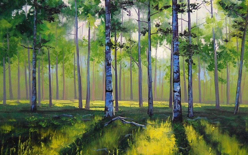 Sunlit forest painting