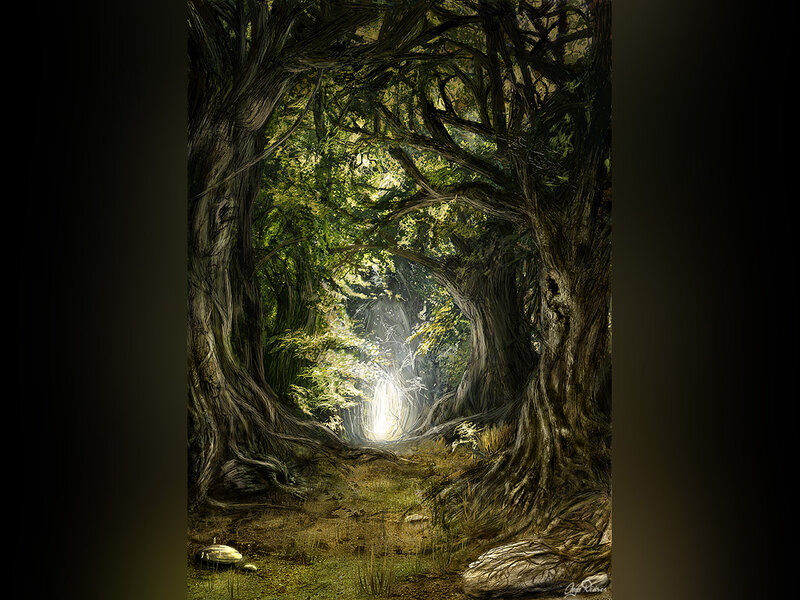 Sunlit Forest Path — Green, Serene, Afternoon, Digital Art