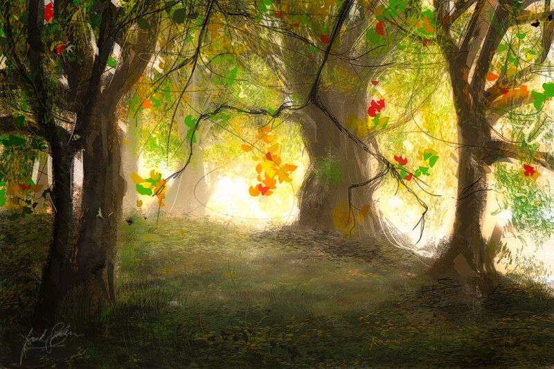 Sunlit Forest Path — Green, Serene, Afternoon, Digital Art, Trees